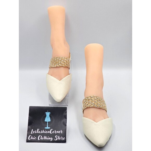 Birdies Women Cream Leather The Swan Cuff Pointed Toe Strap Mule Flats Sz 6 2404 - Picture 3 of 16